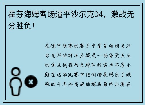 霍芬海姆客场逼平沙尔克04，激战无分胜负！