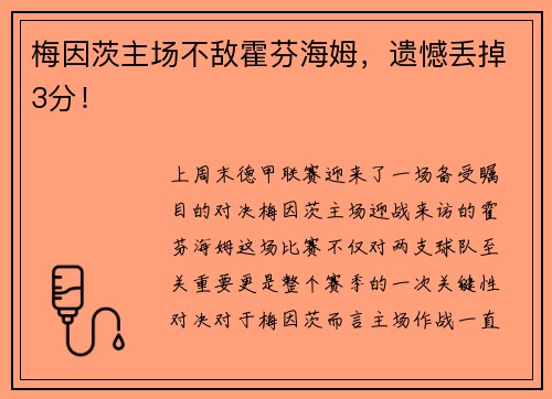 梅因茨主场不敌霍芬海姆，遗憾丢掉3分！